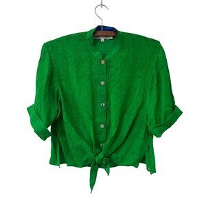 VTG Platinum Dorothy Schoelen Green Frosted Cane Glass Button Tie Blouse Small